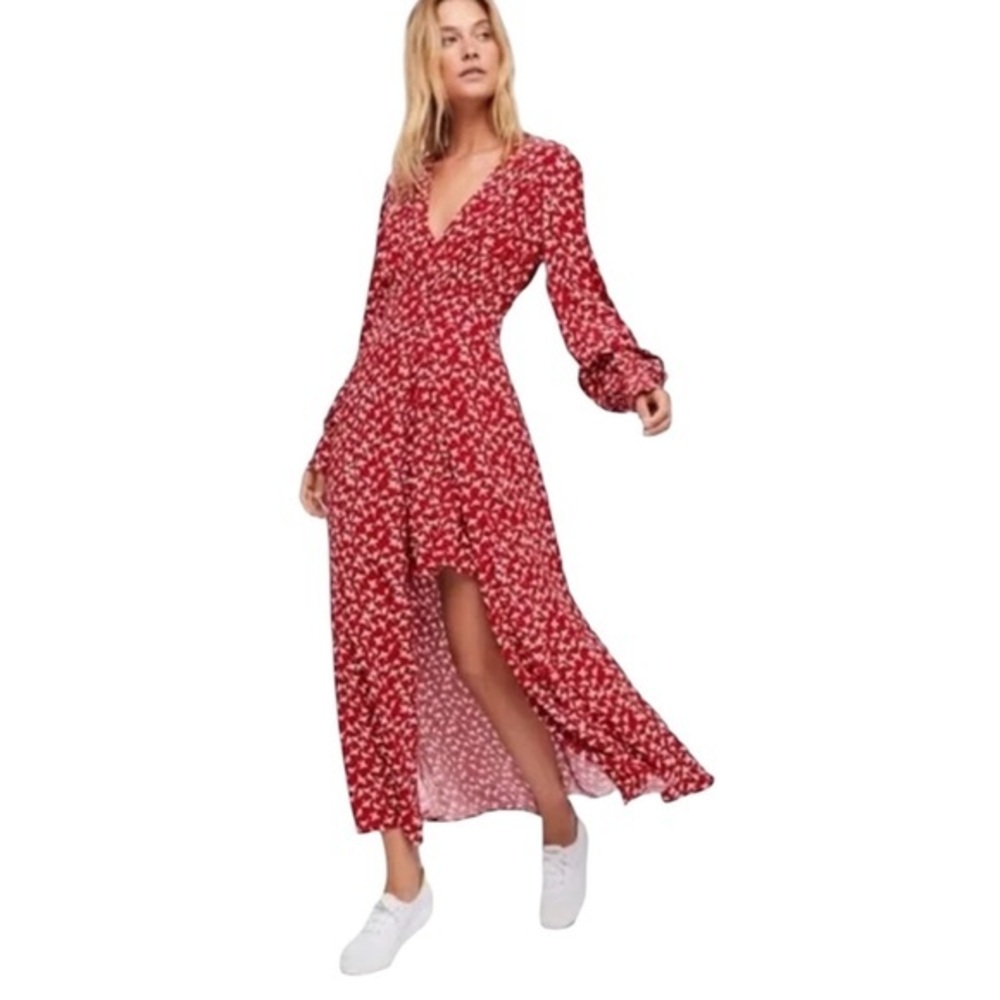 Free People Red and White Walk Me Home Long Sleeve Button Front Maxi Dress